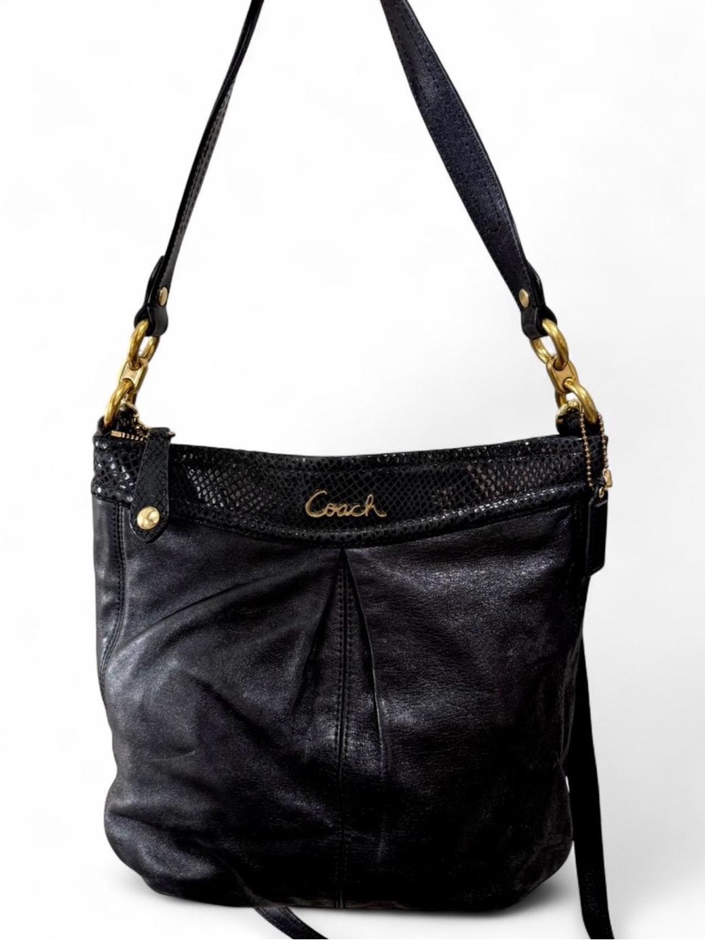 Coach Black Leather Shoulder Bag with Gold-Tone Hardware